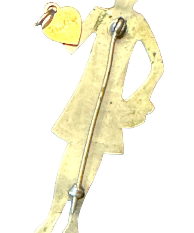 Antique Art deco silver fancy lady shopping fancy brooch with heart “Darling”