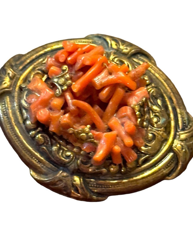 Vintage Coral Brooch Filigree Brass Pin Red Branch Beads Jewelry