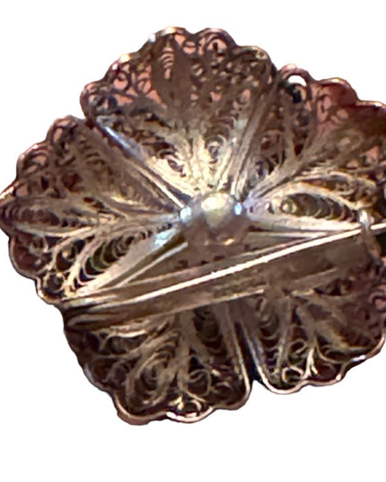 Vintage Mexico Silver filagree flower fancy antiqued brooch