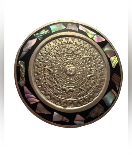 Vintage Aztec Abalone Shell Brooch Pin Pendant Calendar Silver Alpaca Mexico