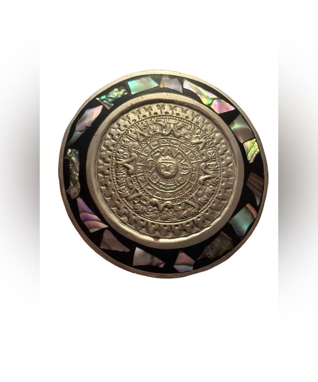 Vintage Aztec Abalone Shell Brooch Pin Pendant Calendar Silver Alpaca Mexico