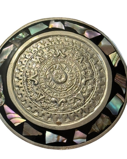 Vintage Aztec Abalone Shell Brooch Pin Pendant Calendar Silver Alpaca Mexico