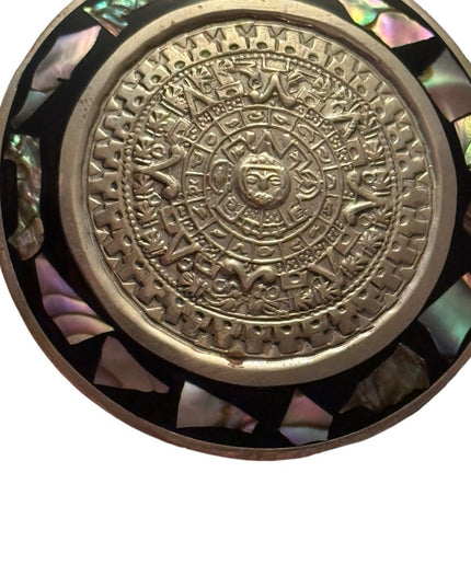 Vintage Aztec Abalone Shell Brooch Pin Pendant Calendar Silver Alpaca Mexico