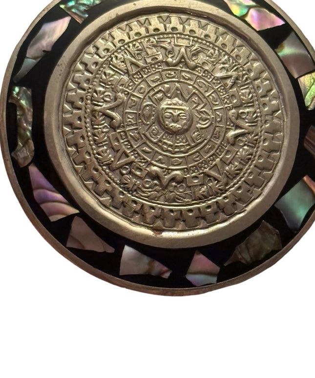 Vintage Aztec Abalone Shell Brooch Pin Pendant Calendar Silver Alpaca Mexico