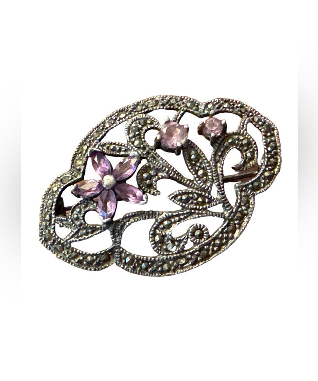 Vintage sterling silver art deco styled amethyst flower marcasite brooch