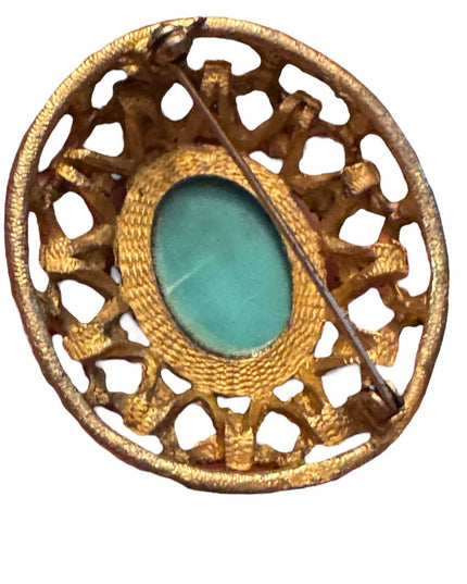 Vintsge gold brassy finish domed faux turquoise cabachon brooch