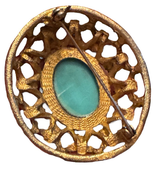 Vintsge gold brassy finish domed faux turquoise cabachon brooch