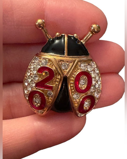 Stunning ROMAN designer 2000 crystal gold finish enameled ladybug brooch