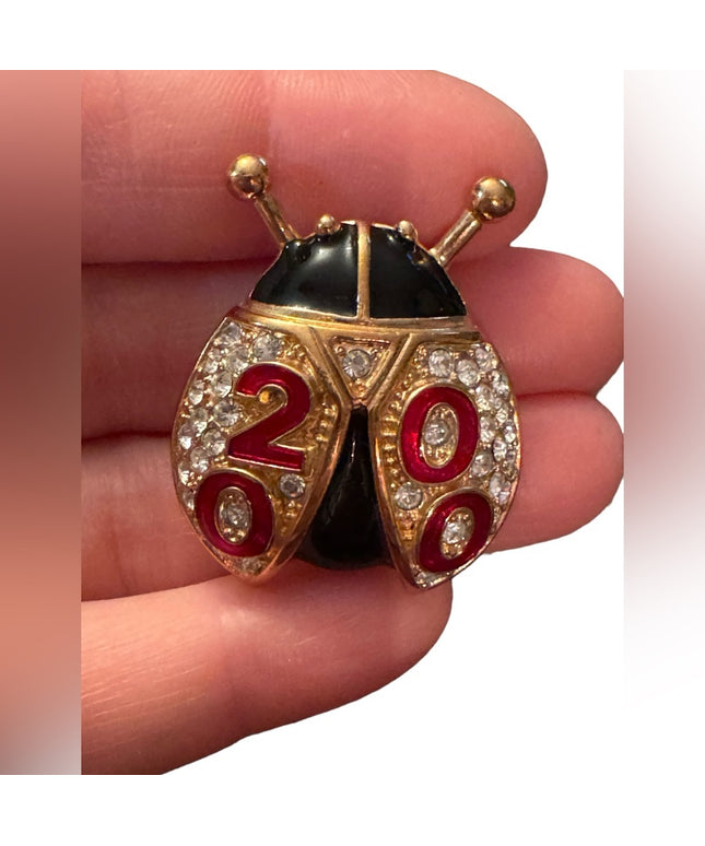 Stunning ROMAN designer 2000 crystal gold finish enameled ladybug brooch