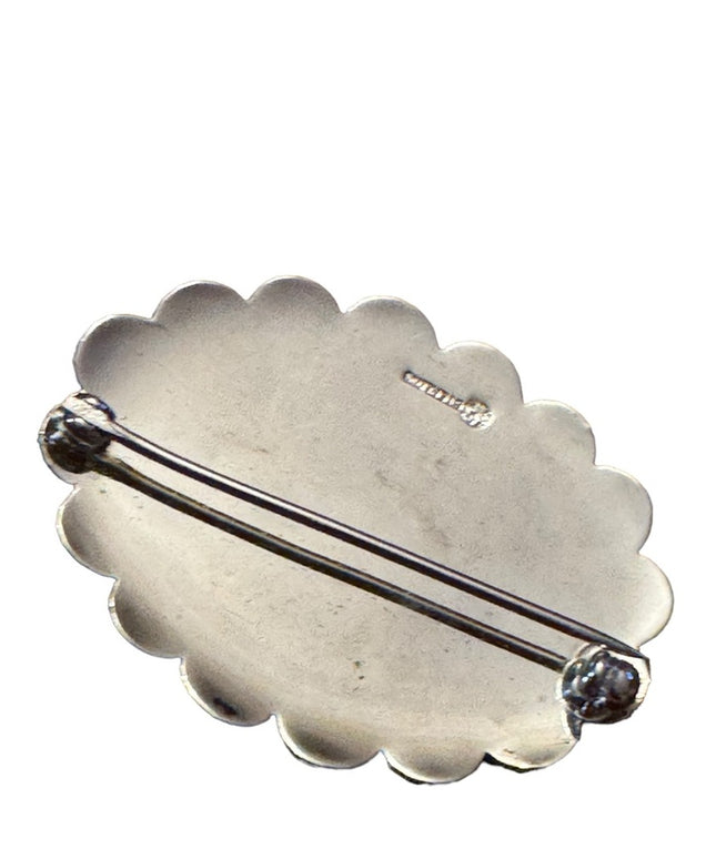 Vintage sterling silver etched floral flowers oval brooch 1960s 925
