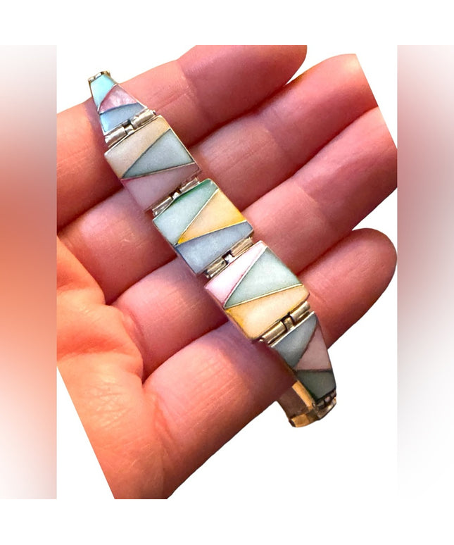Vintage silver pastel colorful mother of pearl MOP fancy bracelet