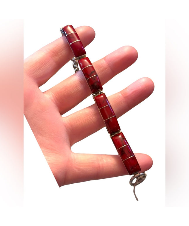 Sterling silver 925 Mexico red jasper chunky link bracelet