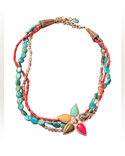 Barse sterling silver 925 multi strand gemstone flower southwestern  necklace