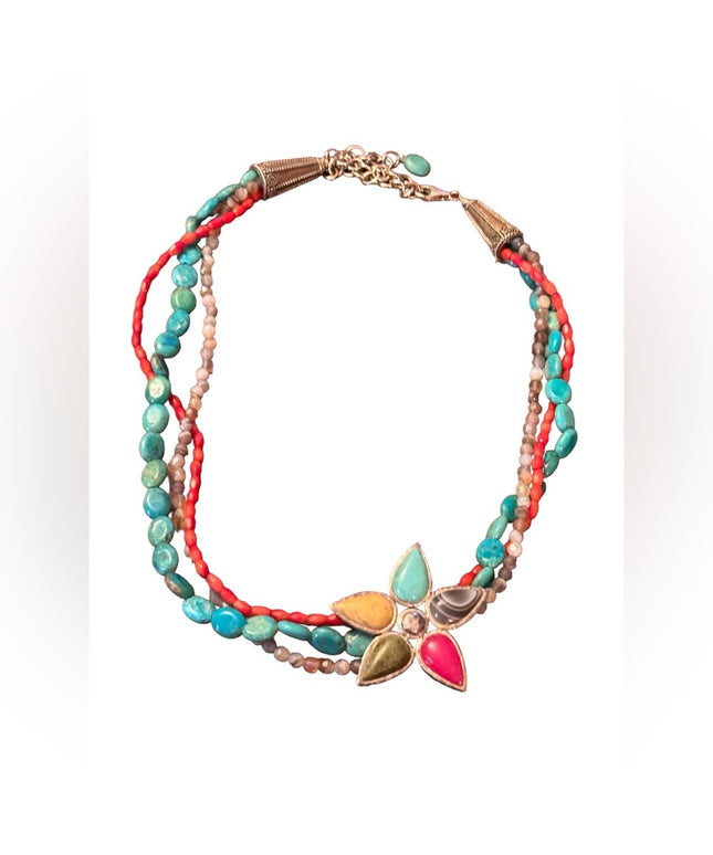 Barse sterling silver 925 multi strand gemstone flower southwestern  necklace