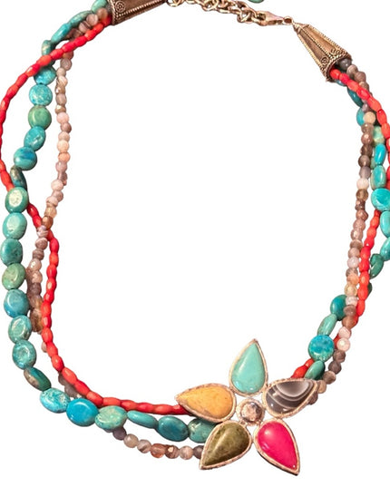 Barse sterling silver 925 multi strand gemstone flower southwestern  necklace