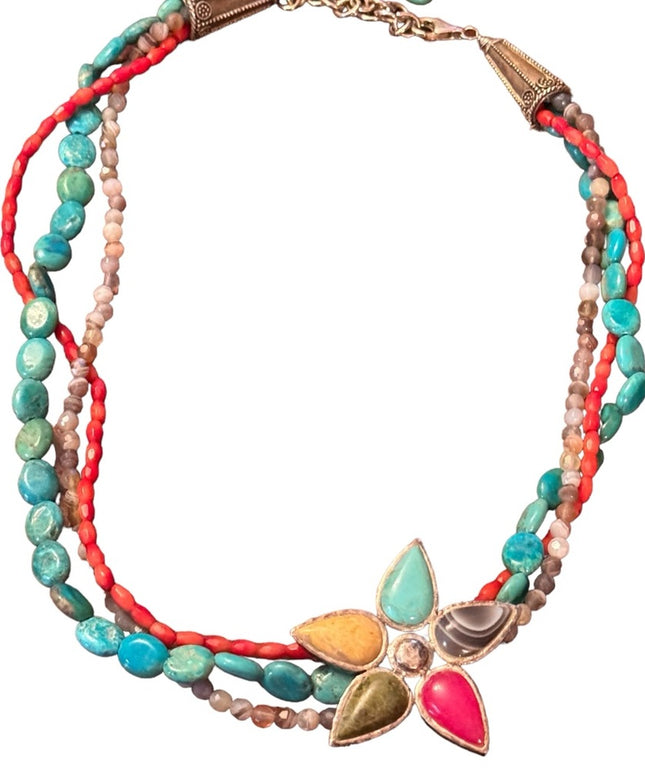 Barse sterling silver 925 multi strand gemstone flower southwestern  necklace