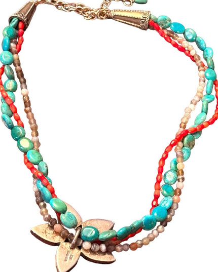 Barse sterling silver 925 multi strand gemstone flower southwestern  necklace