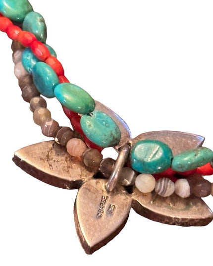 Barse sterling silver 925 multi strand gemstone flower southwestern  necklace