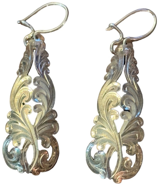 Vintage sterling silver 900 etched tear drop fancy earrings art deco style