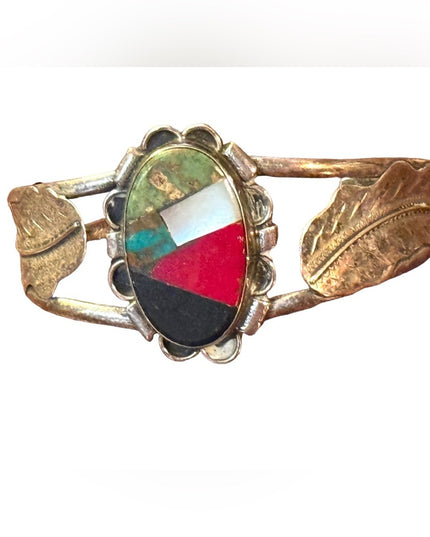 Old Pawn  silver hand made Gemstones inlay southwestern leaf cuff bracelet