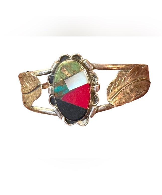 Old Pawn  silver hand made Gemstones inlay southwestern leaf cuff bracelet