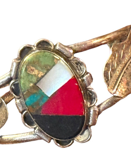 Old Pawn  silver hand made Gemstones inlay southwestern leaf cuff bracelet