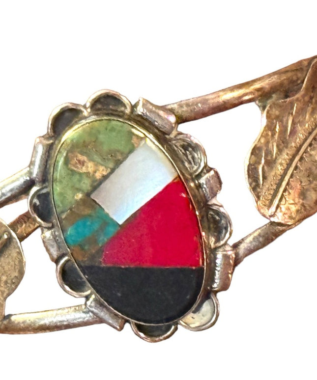 Old Pawn  silver hand made Gemstones inlay southwestern leaf cuff bracelet