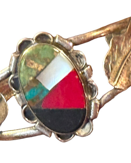 Old Pawn  silver hand made Gemstones inlay southwestern leaf cuff bracelet