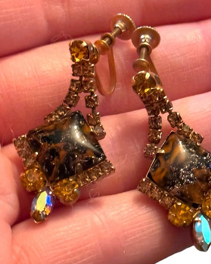 Vintage 1960s fancy glass & crystal screw back amber hues dangle earrings
