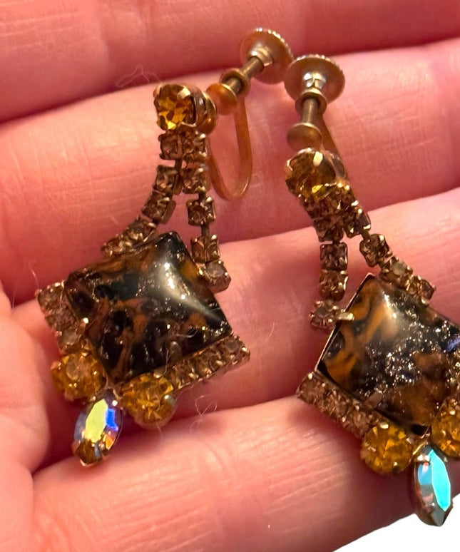 Vintage 1960s fancy glass & crystal screw back amber hues dangle earrings