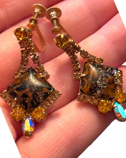 Vintage 1960s fancy glass & crystal screw back amber hues dangle earrings