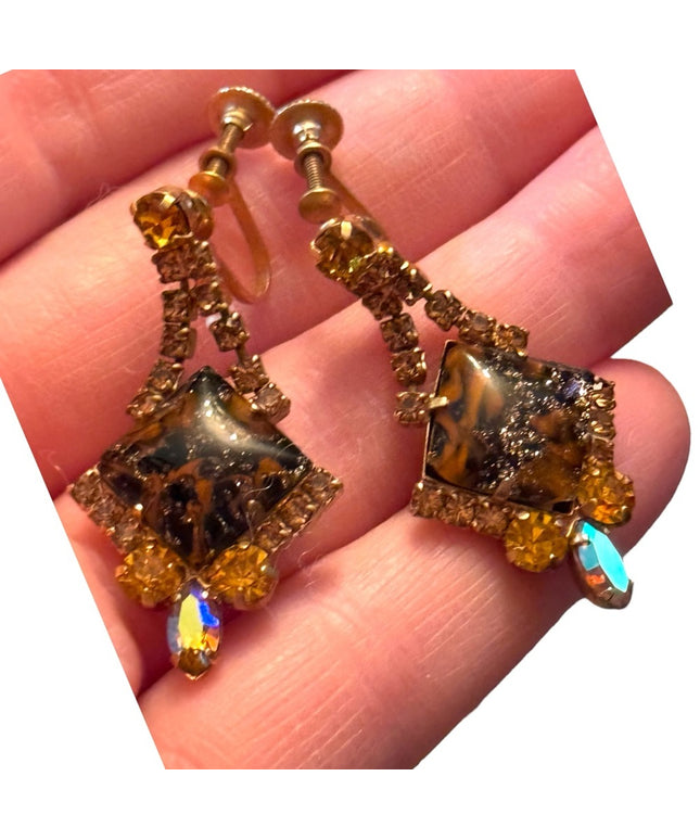 Vintage 1960s fancy glass & crystal screw back amber hues dangle earrings