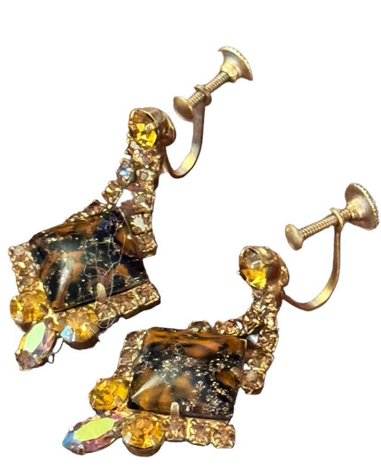 Vintage 1960s fancy glass & crystal screw back amber hues dangle earrings