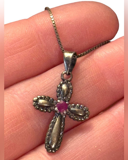 Vintage 1980s sterling silver small cross ruby stone pendant necklace