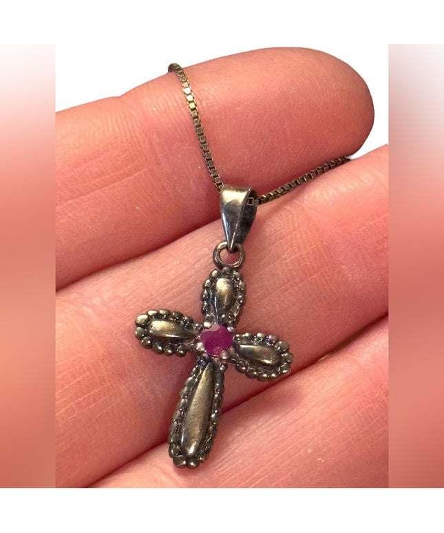 Vintage 1980s sterling silver small cross ruby stone pendant necklace