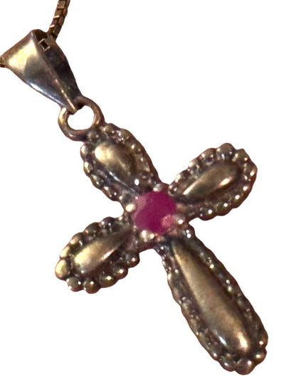 Vintage 1980s sterling silver small cross ruby stone pendant necklace