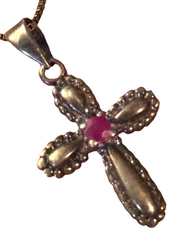 Vintage 1980s sterling silver small cross ruby stone pendant necklace