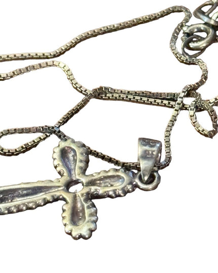 Vintage 1980s sterling silver small cross ruby stone pendant necklace