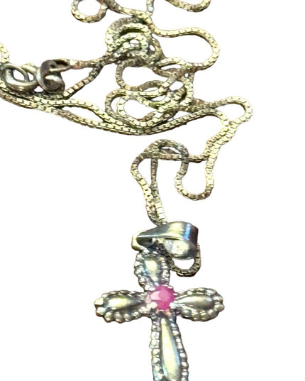 Vintage 1980s sterling silver small cross ruby stone pendant necklace