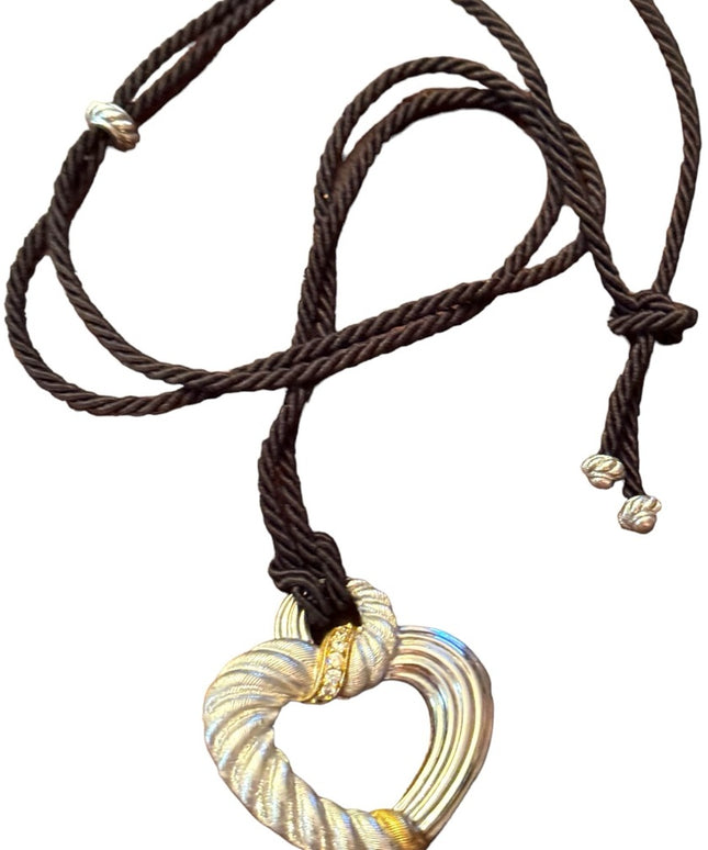 Judith Ripka 925 Sterling Silver CZ Heart Pendant on Adjustable Cord Necklace