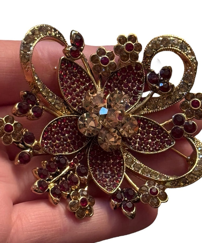 Vintage AVON 35 YEARS ANNIVERSARY GOLD TONE Statement Pin Brooch RED RHINESTONES