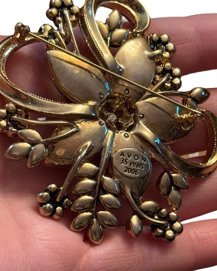 Vintage AVON 35 YEARS ANNIVERSARY GOLD TONE Statement Pin Brooch RED RHINESTONES