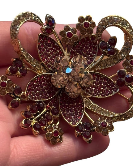 Vintage AVON 35 YEARS ANNIVERSARY GOLD TONE Statement Pin Brooch RED RHINESTONES