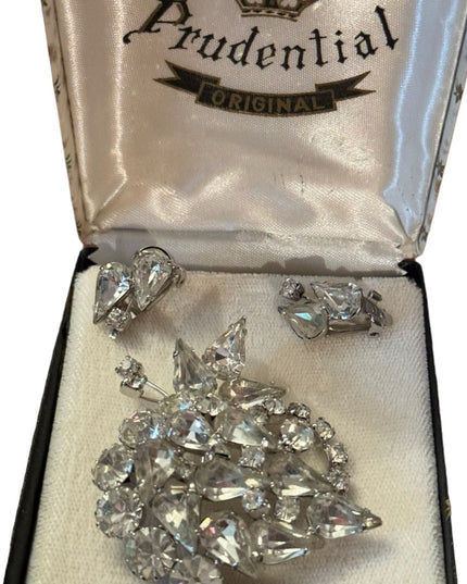 Lovely vintage mid century 1950s NIB Crystal earrings & brooch in box SET