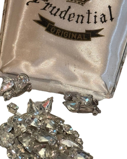 Lovely vintage mid century 1950s NIB Crystal earrings & brooch in box SET
