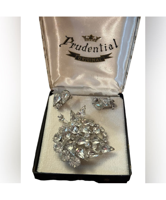 Lovely vintage mid century 1950s NIB Crystal earrings & brooch in box SET