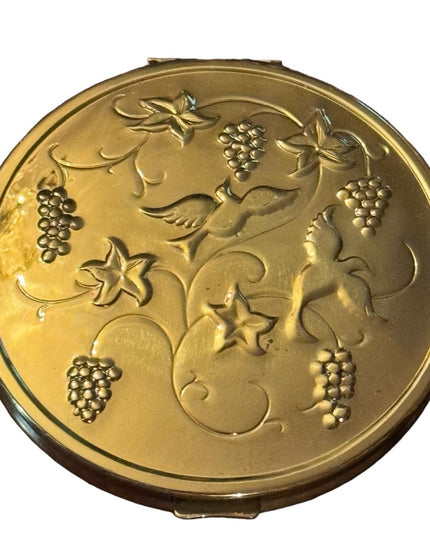 1940's Richard Hudnut Powder Compact Gold finish stamped Birds/Flowers/Grapes