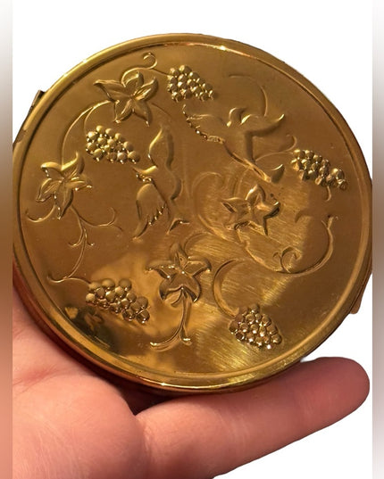 1940's Richard Hudnut Powder Compact Gold finish stamped Birds/Flowers/Grapes