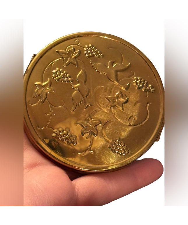 1940's Richard Hudnut Powder Compact Gold finish stamped Birds/Flowers/Grapes