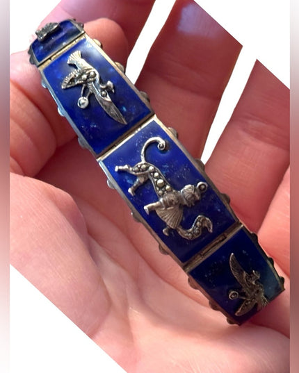 Antique Egyptian Revival Marcasite Blue Enamel Bracelet Sterling Silver RARE